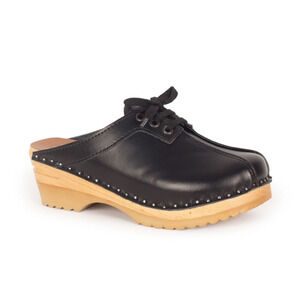 Troentorp Swedish Audubon Wooden Clogs Lace Up Slip On Leather Black Size 35